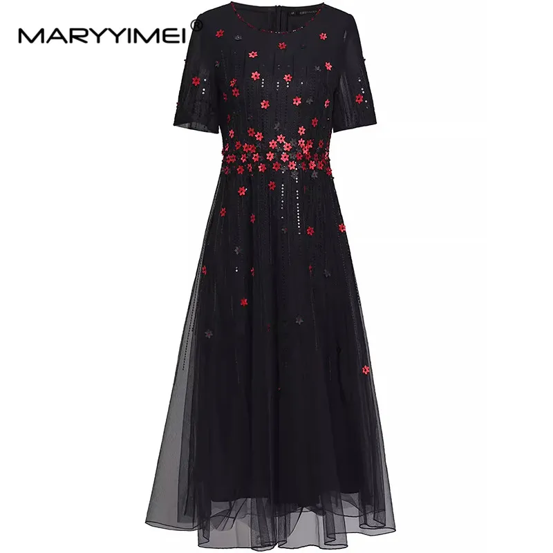 

MARYYIMEI New Fashion Runway Designer Dress Women's Short-Sleeved Embroidery Mesh Splicing Appliques Sequins Big Swing Dresses