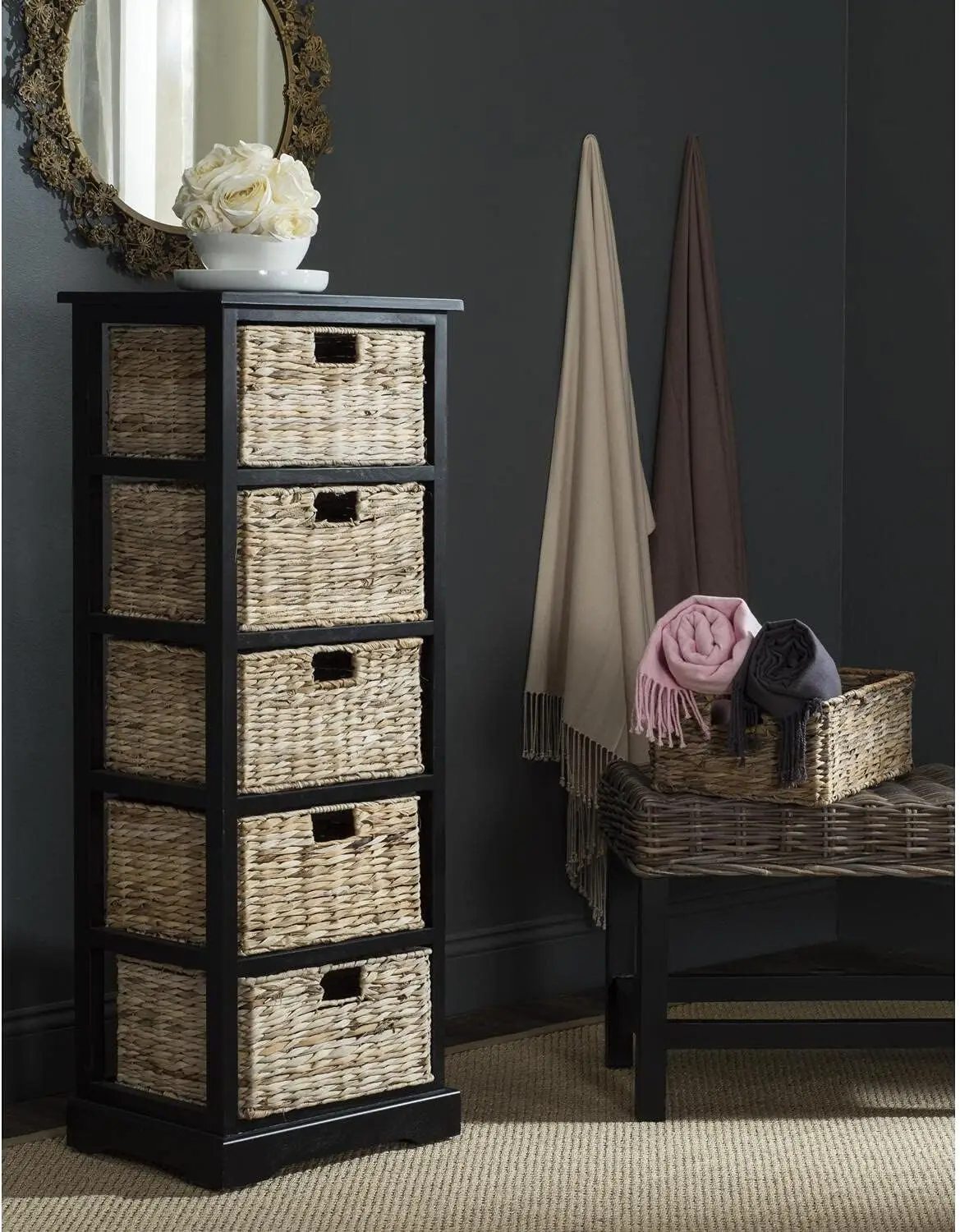 SAFAVIEH Home Collection Vedette Vintage White 5-Drawer Wicker Basket Storage Tower (Fully Assembled)