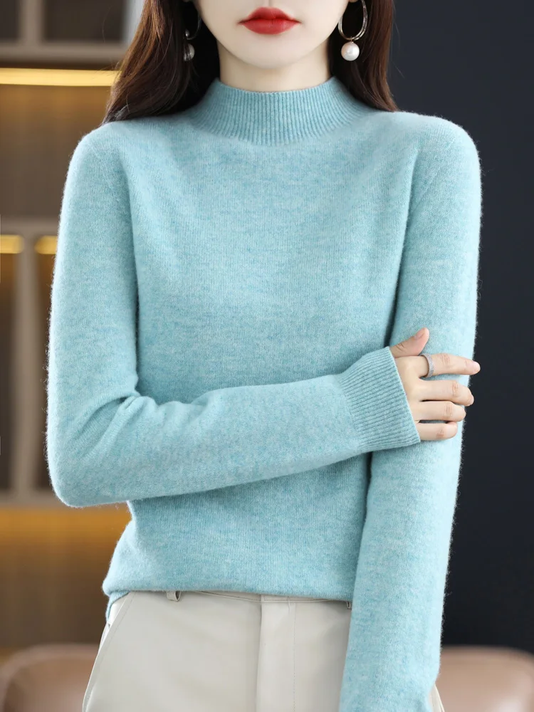 Long Sleeve Women Clothing Autumn Winter Pullover New Fashion 100% Merino Wool Sweater Mock Neck Basic Knitwear Tops  Jerseys