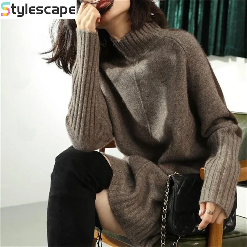 

Autumn New Semi High Neck Color Blocked Dress Sweater Women's Mid to Long Top Loose Plus Size Knitted Skirt for External Wear