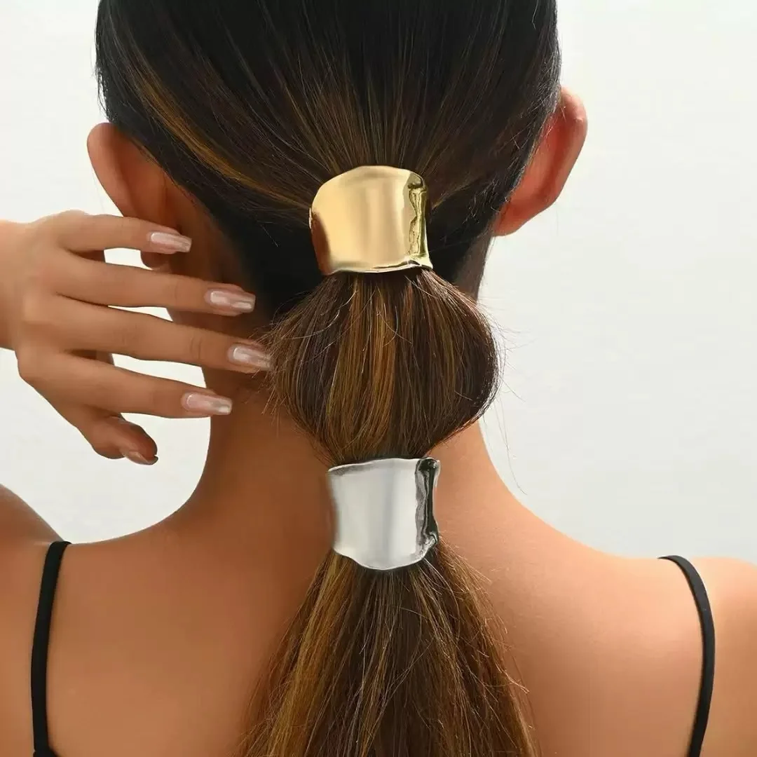 

Women'S Simple Gold/Silver Metal Elastic Ponytail Holder, Fashion Design, Multifunctional Hair Accessory