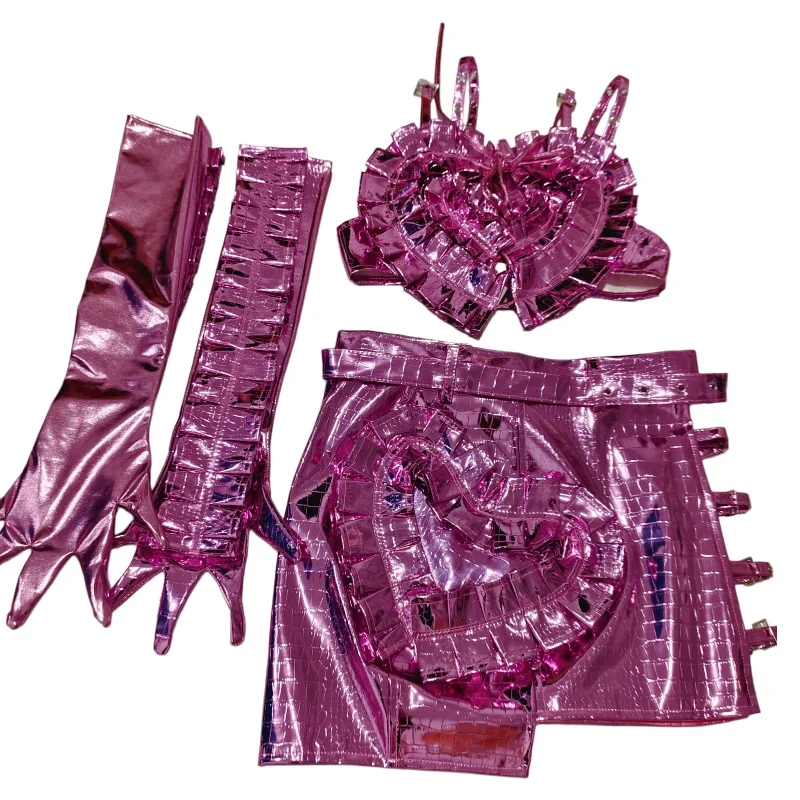 

Sexy Pink Laser Tank Tops Mini Skirt Glove Outfit Stage Nightclub Bar Female Singer DJ Gogo Dance Costume Performance Clothes