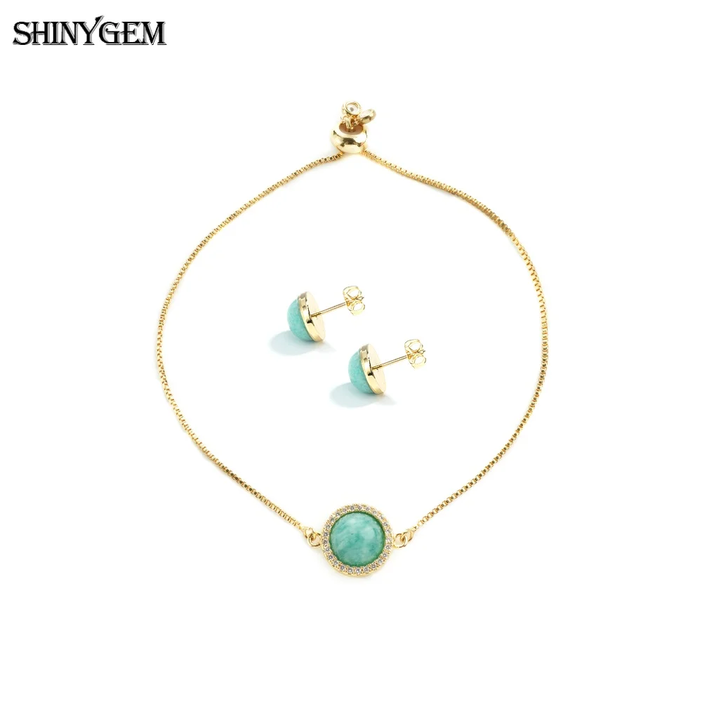 

SHINYGEM Natural Stone Amazonite Set for Women CZ Adjustable Bracelet & Stud Earrings 925 Sterling Silver Needle Jewelry Sets