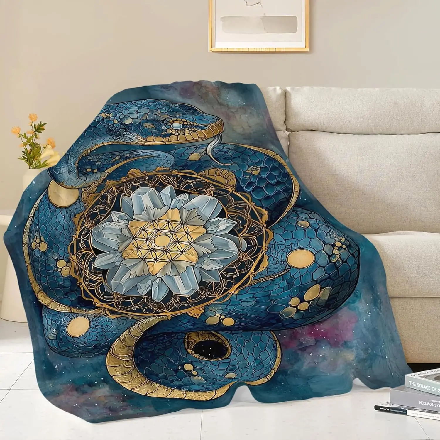 Snake Coiled Around Crystal Mandala Pattern Fleece Blanket Esoteric Art Style Soft Warm Throw Interior Decoration Bedding Cover