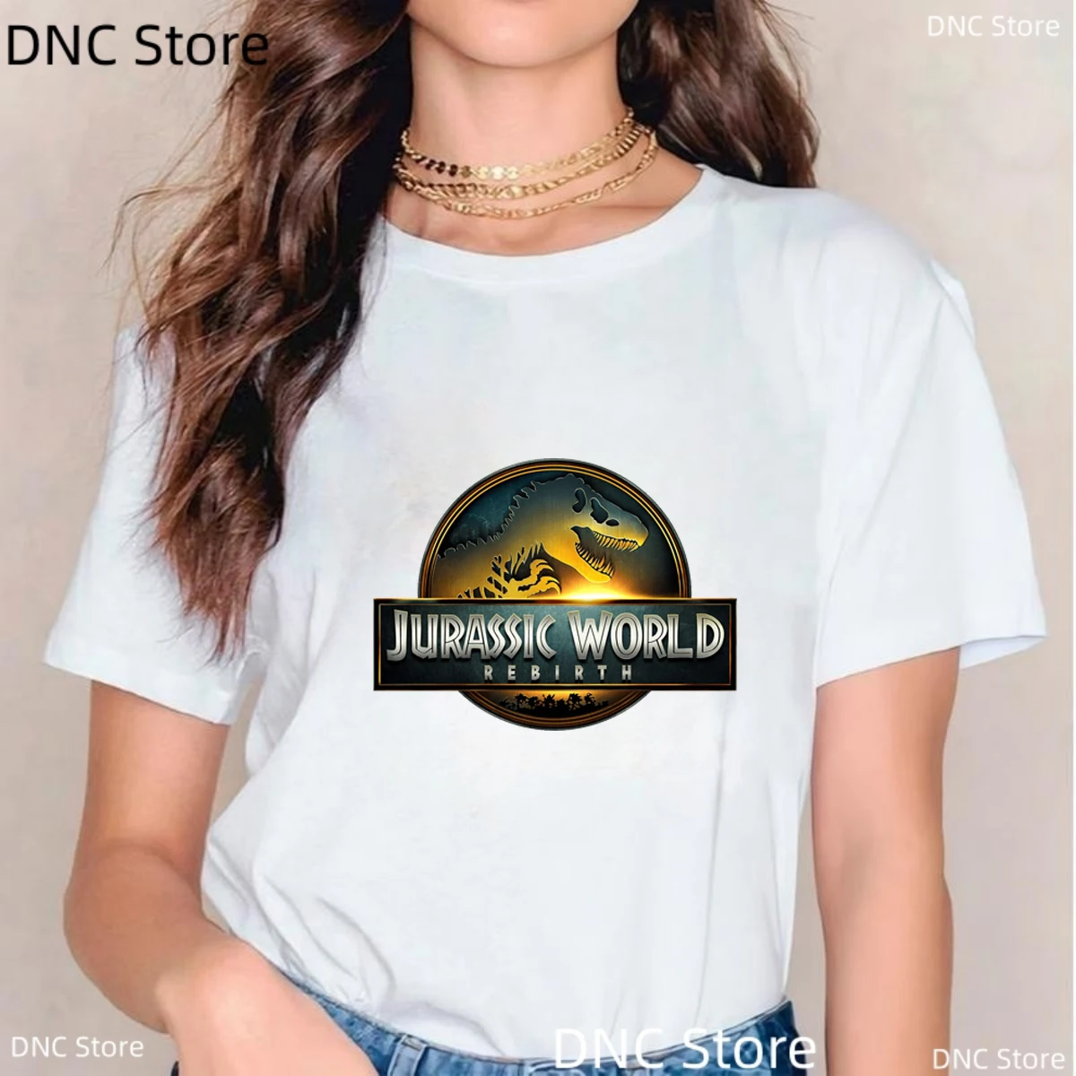 2025 ジュラシックワールド復活映画女性 Tシャツ、ジュラシックガールズ Tシャツ服、恐竜シャツ、女性服、夏 Tシャツ