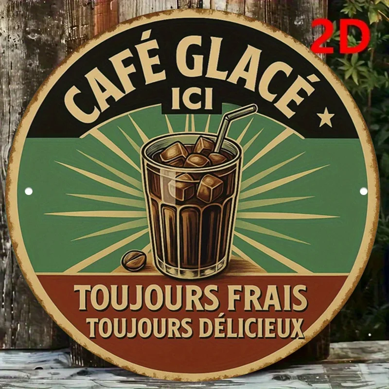 Letrero Metálico Vintage 2D, Café Glace Ici, Café Helado Francés, Placa Decorativa Retro de Metal para Pared, para Cafetería, Bar, Decoración del Hogar, Regalo