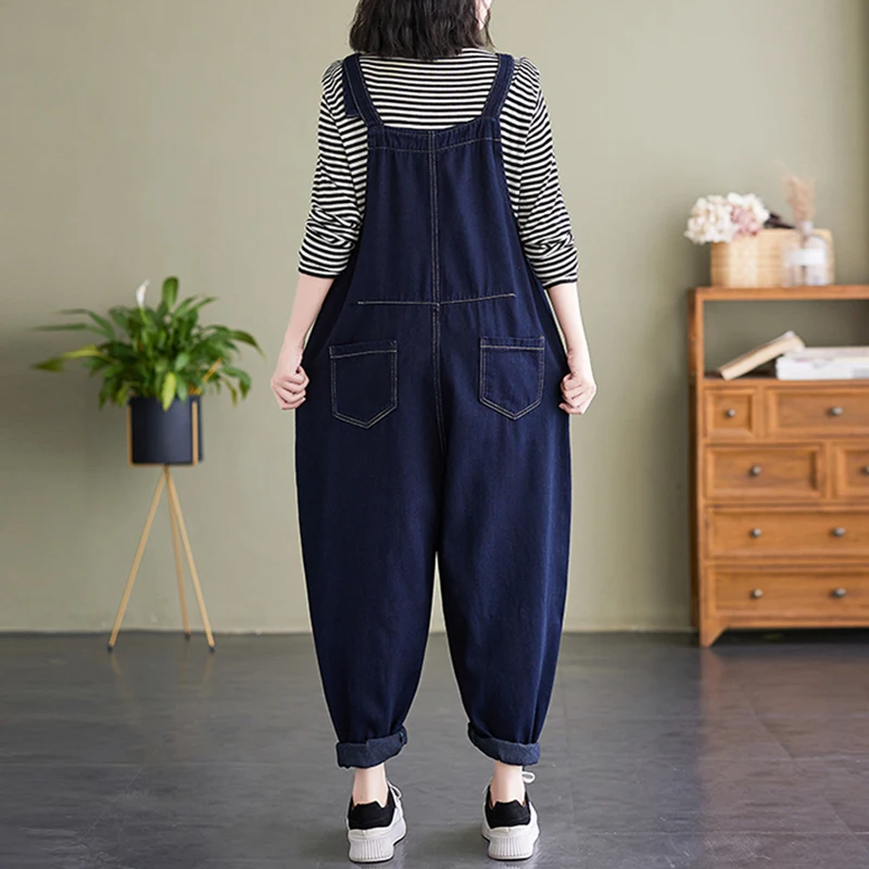 Loose Oversized Jeans Jumpsuit Women Casual Streetwear Wide Leg Denim Overalls Vintage Dark Blue Dungarees Straps Baggy Pants