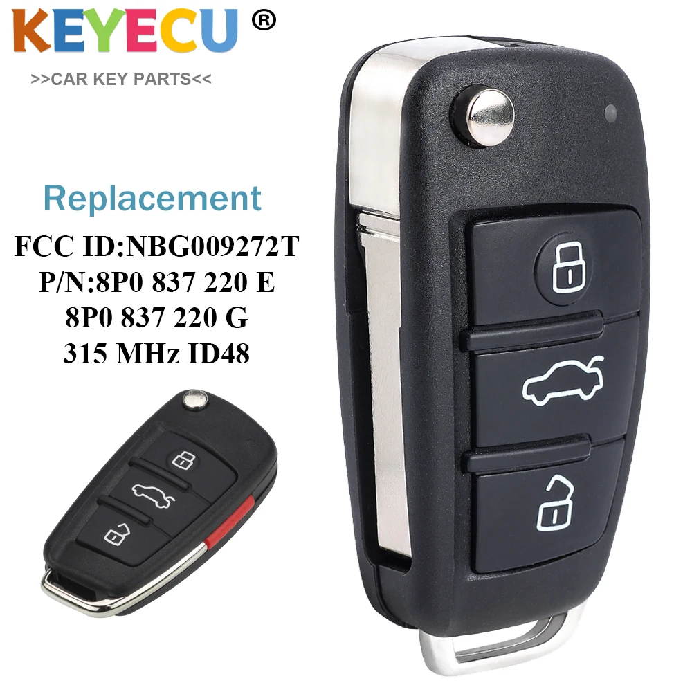 KEYECU Remote Flip Key 4 Buttons Fob 315MHZ ID48 FCC: NBG009272T for Audi A2 A3 A4 A6 A8 TT Quattro S3 S6 S8 Q7 R8 S5 RS4