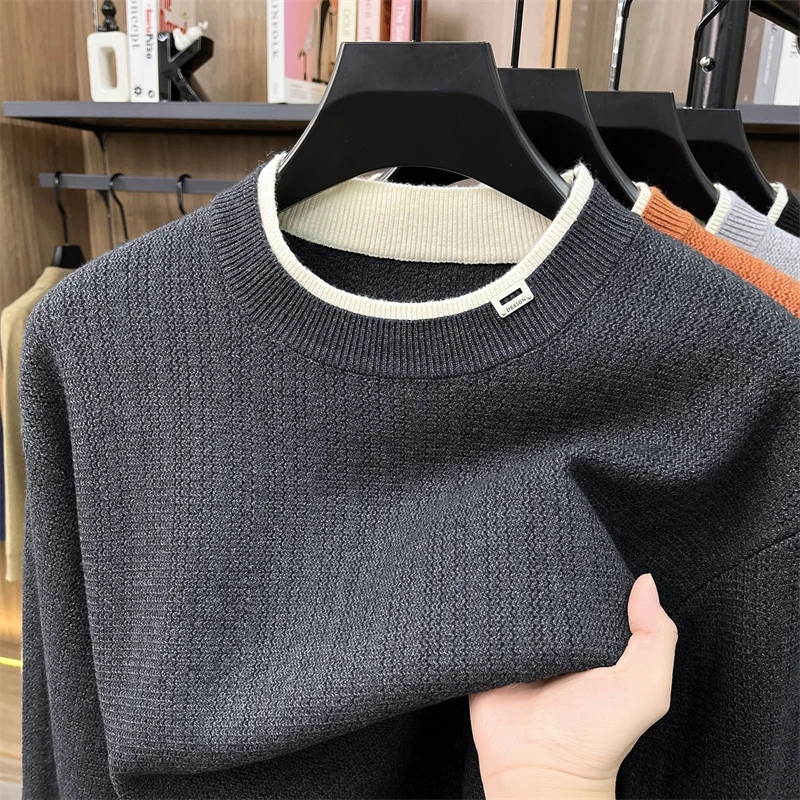 Luxury knitted thicken warm sweater men's fashion fake two piece round neck Winter comfort high quality leisure new pullover
