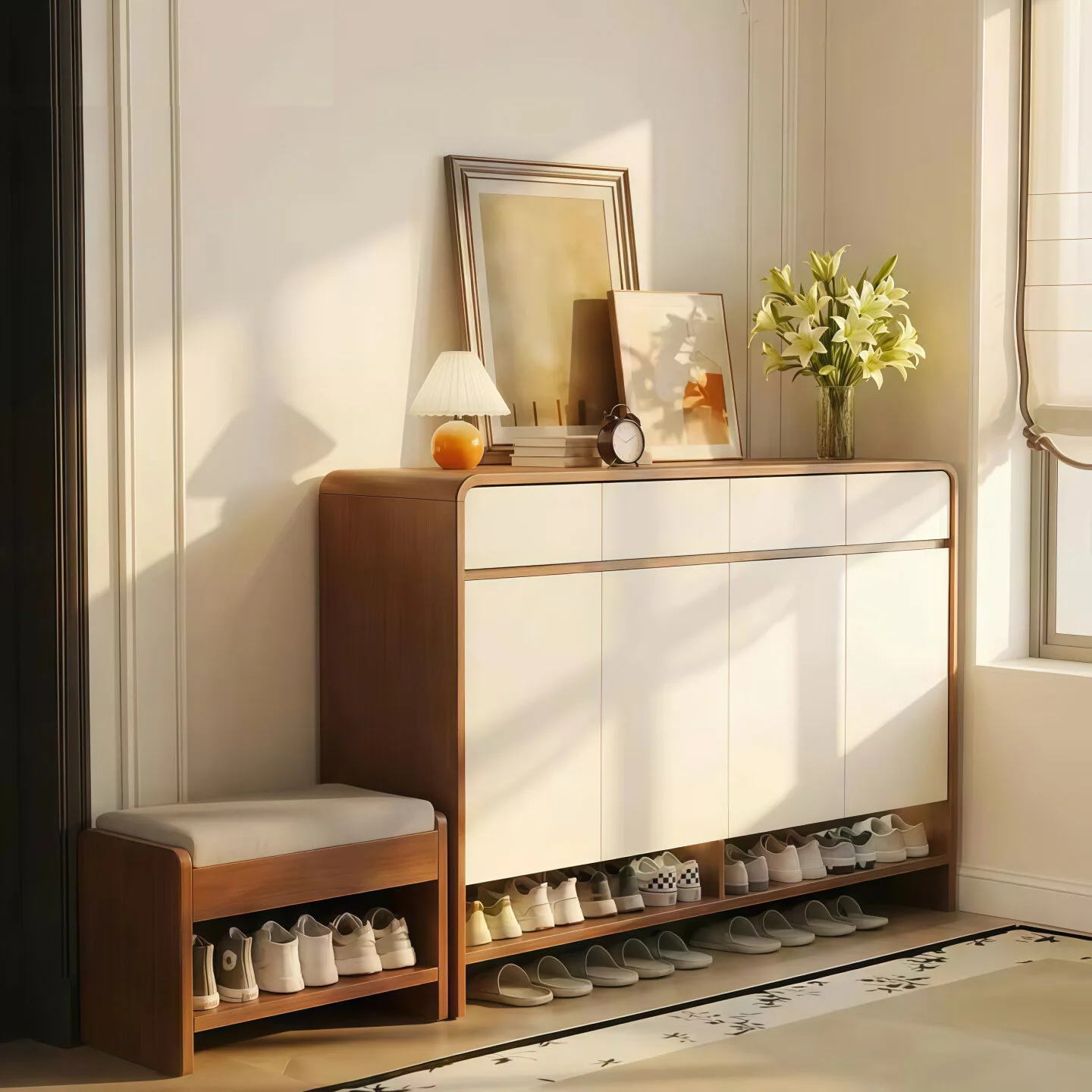 Entrance elevator entrance outdoor locker entrance integrated against the wall locker chest shoe rack