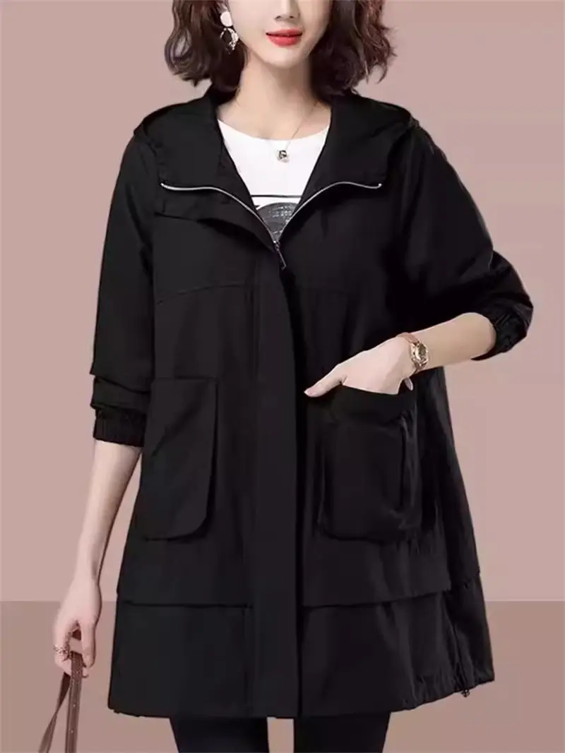 Windbreaker Coat Women In Spring And Autumn 2024 New Mid Length Middle-Aged Oversized Mothers Clothing Hooded Jacket K655