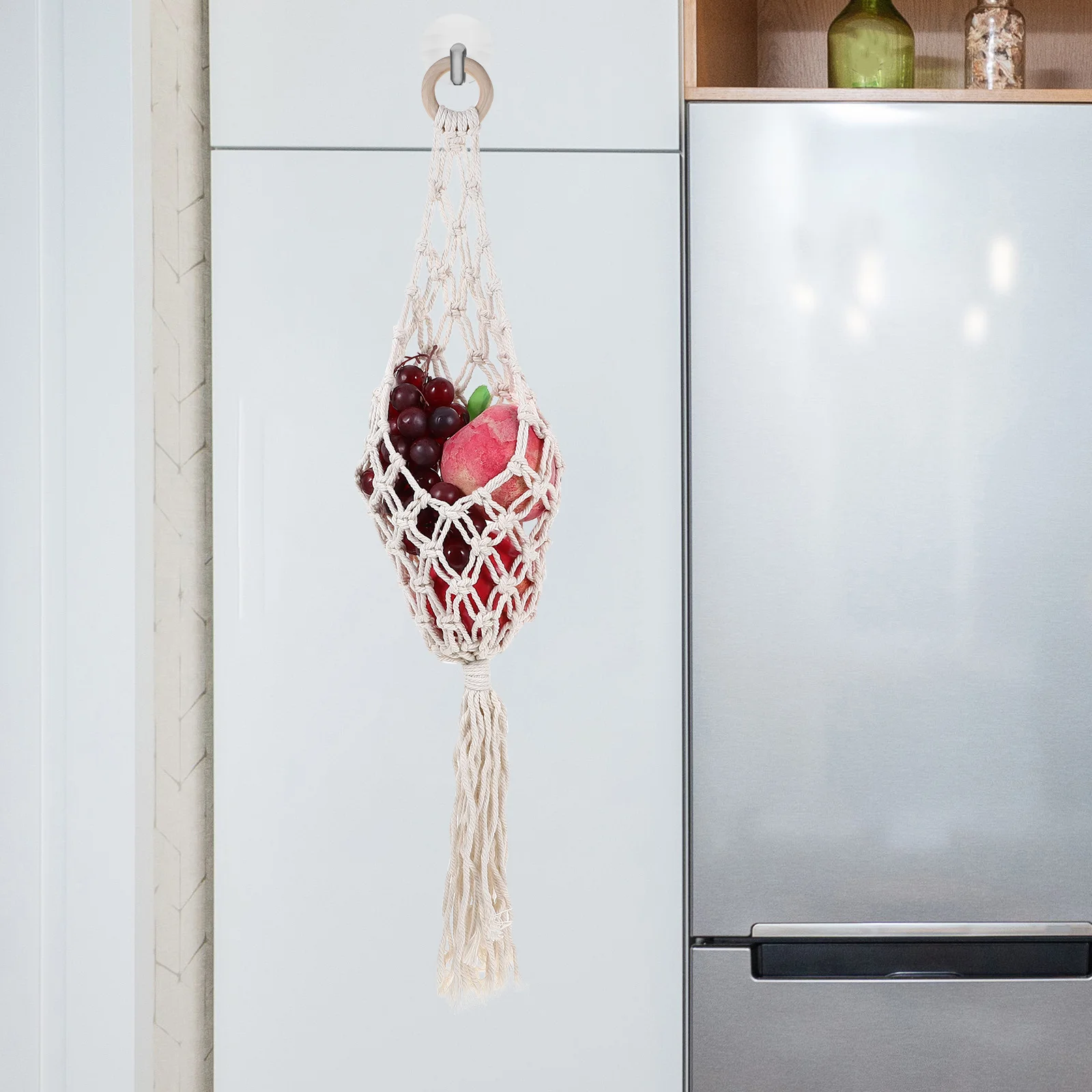 

Macrame Hanging Fruit Basket with Cotton Rope Handmade Bohemia Style Wall Mounted Storage for Kitchen Organizing Vegetables