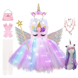 Girls Rainbow Unicorn Light Up Tutu Dresses for Kids Birthday Party Sequins Glowing Knee Length Dress Halloween Animal Costumes