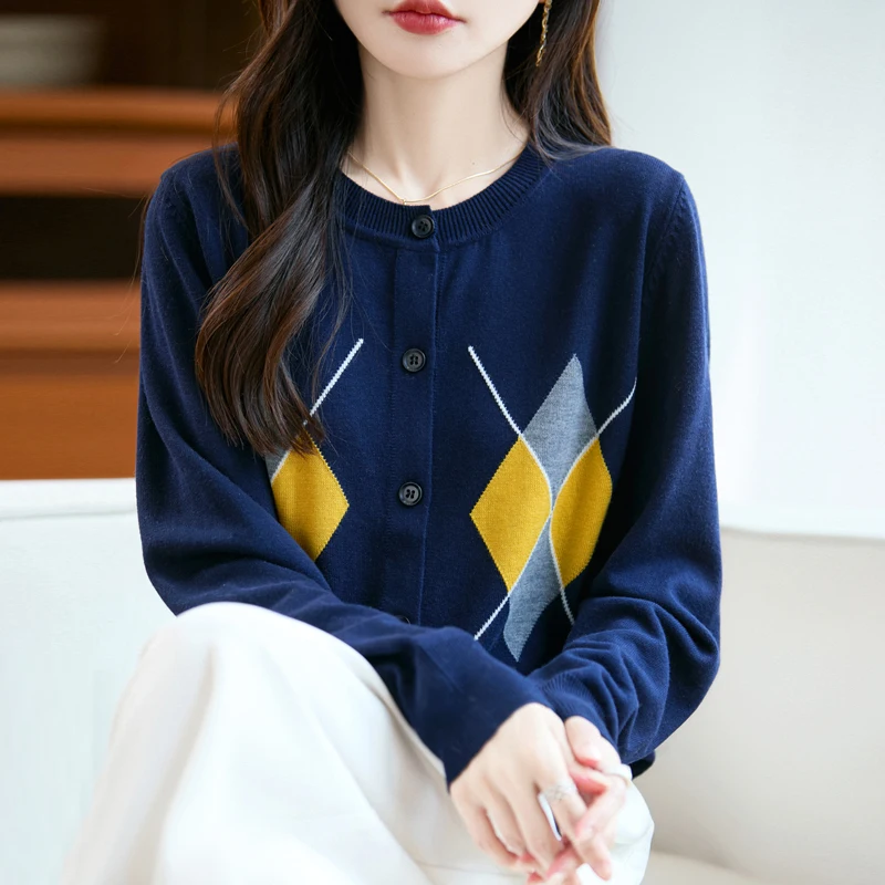 100% Merino Wool Women's Cardigan Sweater Buttoned Rhombus Grid Knitwear O Neck Pure Wool Clothing Autumn Winter Tops