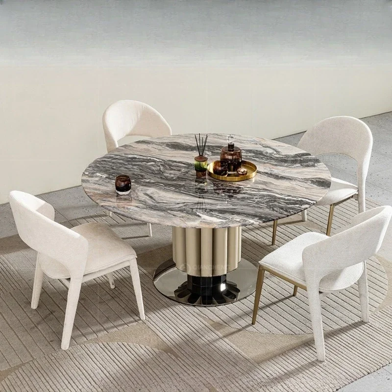 Italian light luxury dining table and chairs high-end round dining table marble round dining table set 3