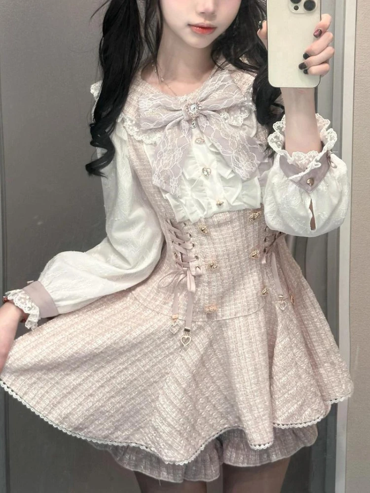 

Japanese Sweet Lolita Fashion Skirts Suits Women Lace Chic Dress + Short Skirt New Design Stitching Lovely Slim Two Piece Sets