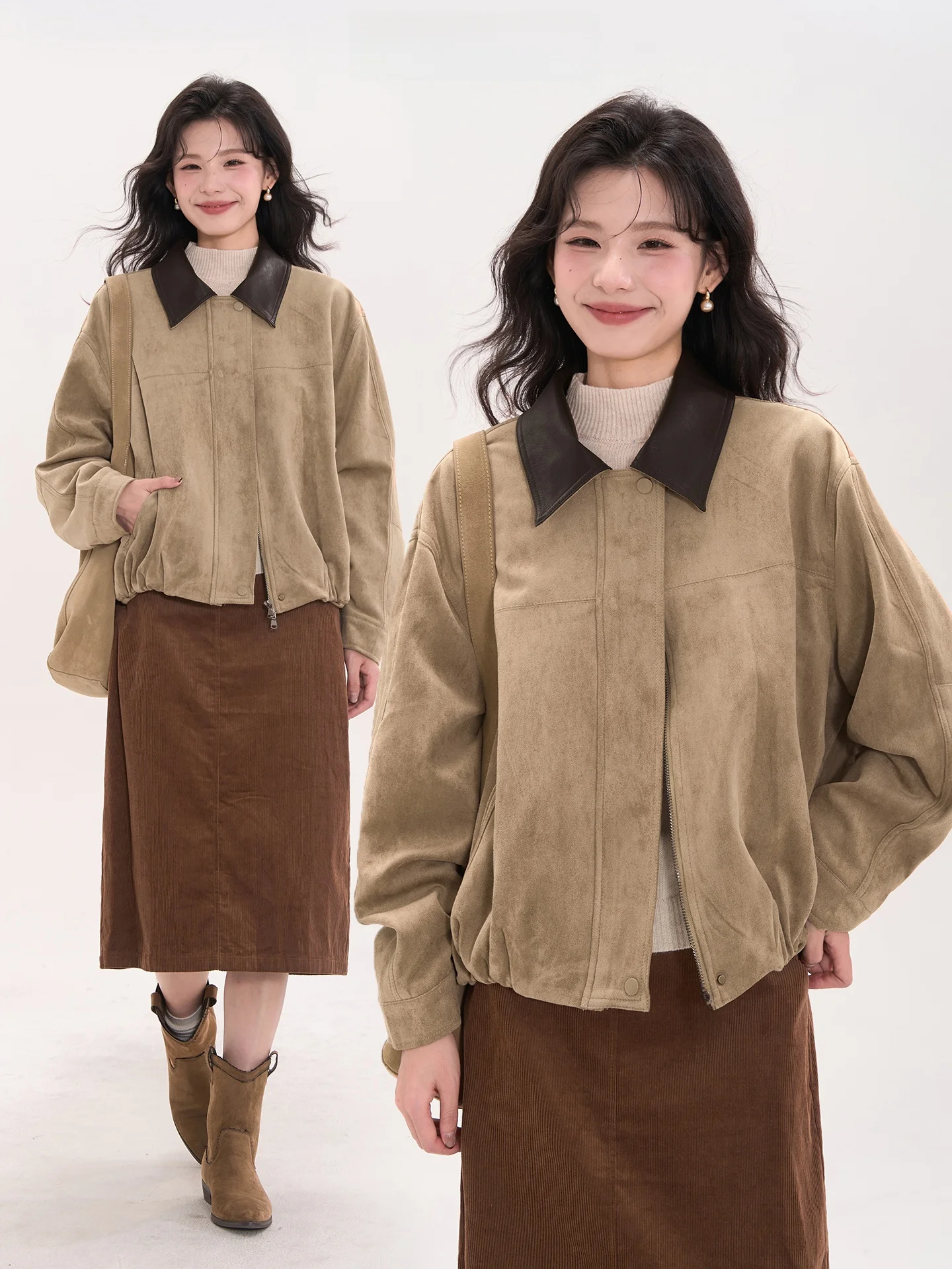 

Heme Autumn Vintage Suede Jaet Women's Patchwork Leather Collar Jaet Top Polyester Long Sve Zipper Closure No Hat