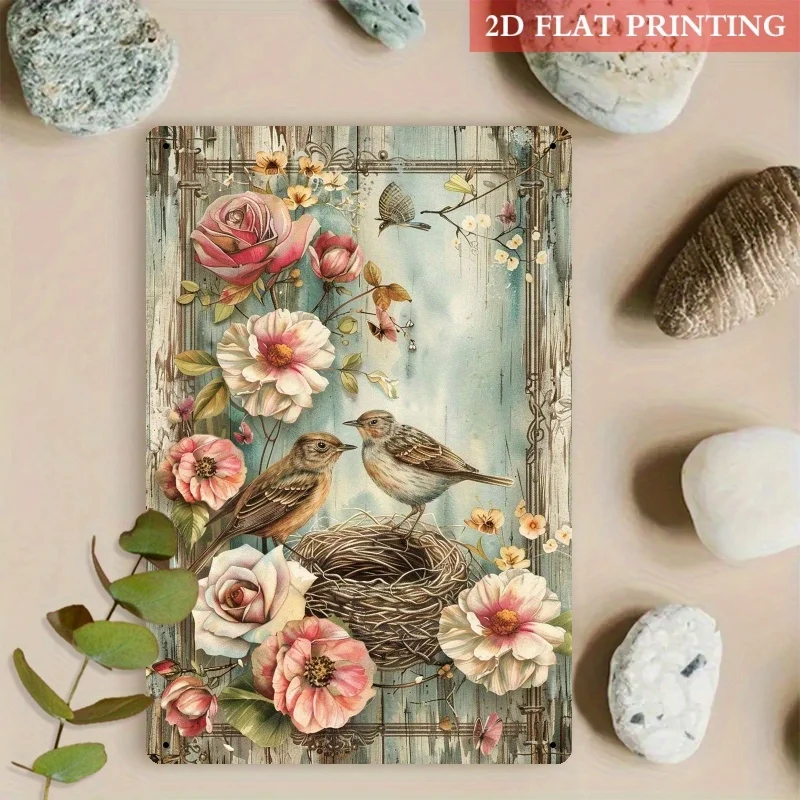 [2D Flach] Bezaubernde 8x12 Zoll große Metall-Wandkunst mit Rosen – Romantisches Blumen-Vogelnest-Design