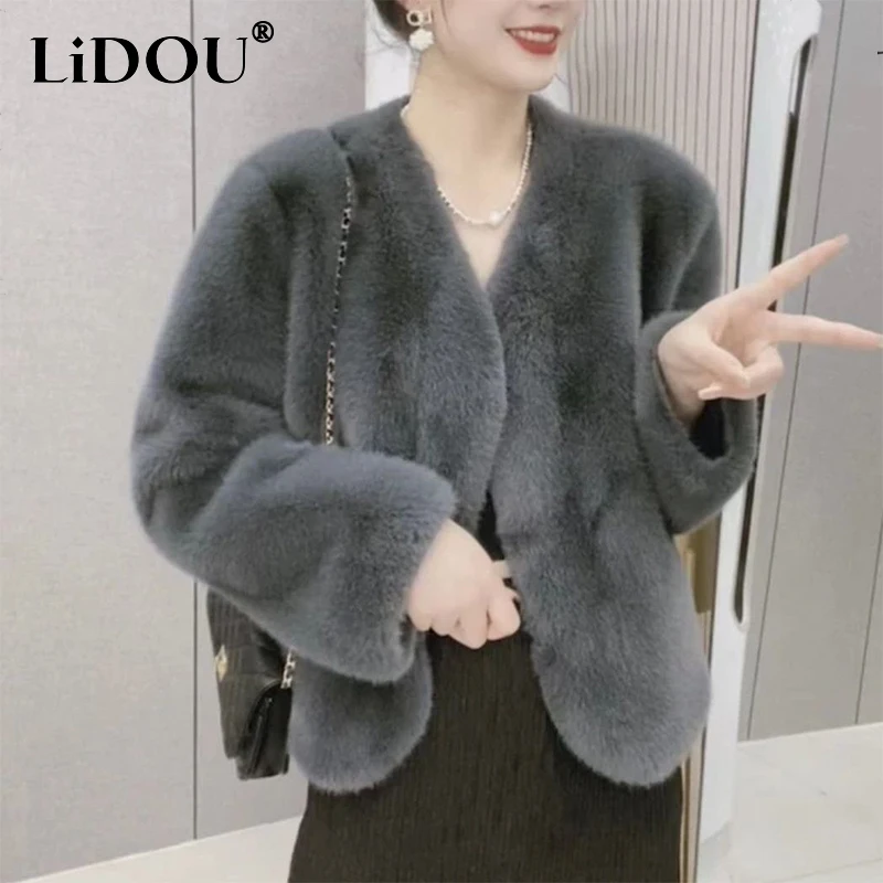 

Autumn Winter Loose Casual Fashion Imitation Fur Coat Lady Solid Color Thicken Warm Jacket Women All-match Cardigan Outwear Top