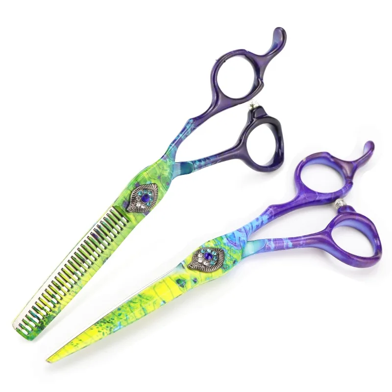 6.0inch JP440C NEPURLson colorful peacock design hair scissors right hand use sharp beauty comfortable for salon