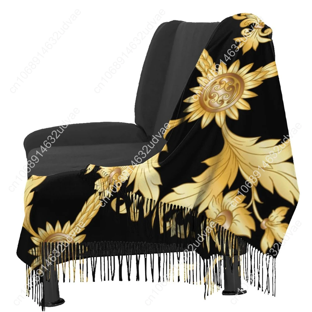 Schwarze Schals für Damen Winter goldene Blumen Kaschmir Schal Pashmina Schals Wraps weiblichen Foulard Bandana dicken Druck