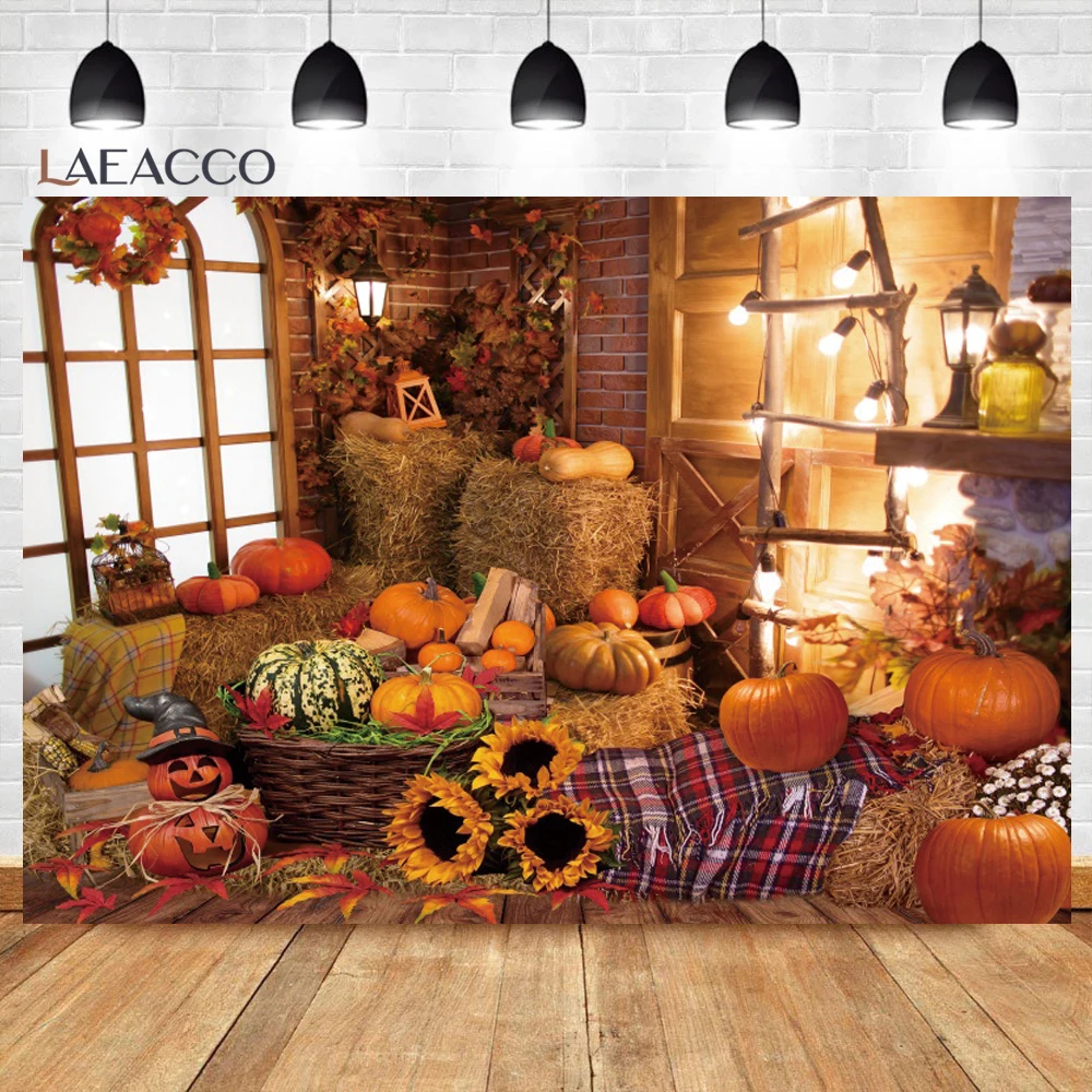 Laeacco осень осень Хэллоуин фон ферма сарай тыква урожай сено лес кленовые листья коричневая деревянная доска фон для фотосъемки