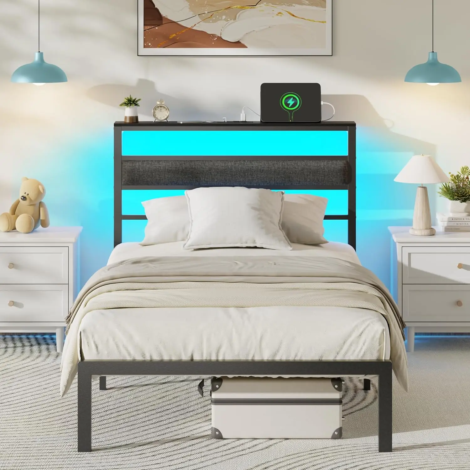 

Kids Twin Bed Frame with LED Lights, Charging Station & Storage Shelf, Easy Assembly