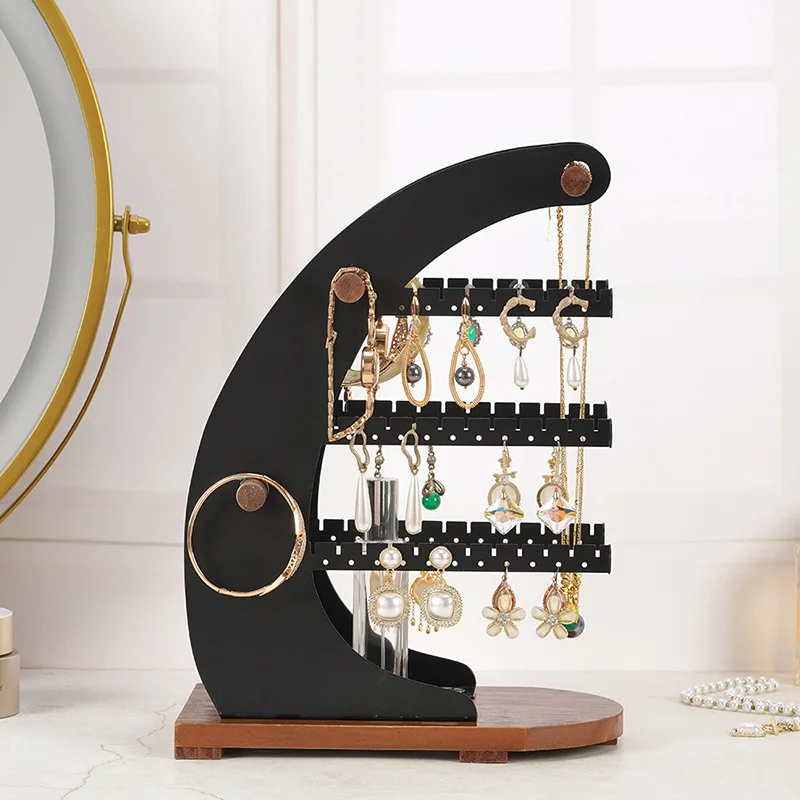 Jewelry Organizer Stand Earring Holder with Wooden Tray, Jewelry Tower Rack For Necklace Ring Bracelets Display and Storage