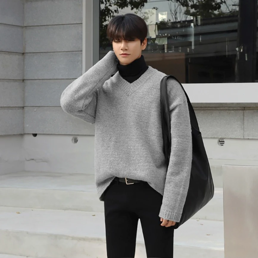 

Loose Long Sve V-Ne Knitted Sweater Men's Faionable Casual Woolen Pullover Autumn Spring y Layering Outerwear