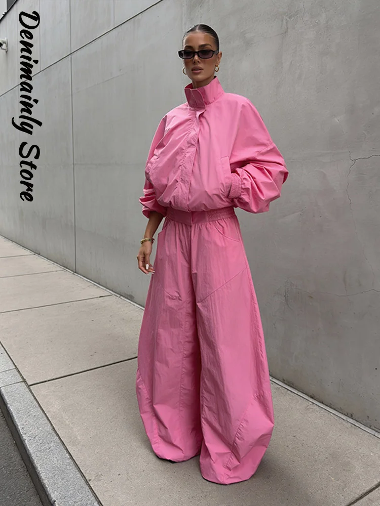 

Chic Women's Solid Short Jacket Pants Set Stand Collar Zipper Full Sleeve Jackets Loose Wide Leg Pant 2026 Autumn Lady Suits