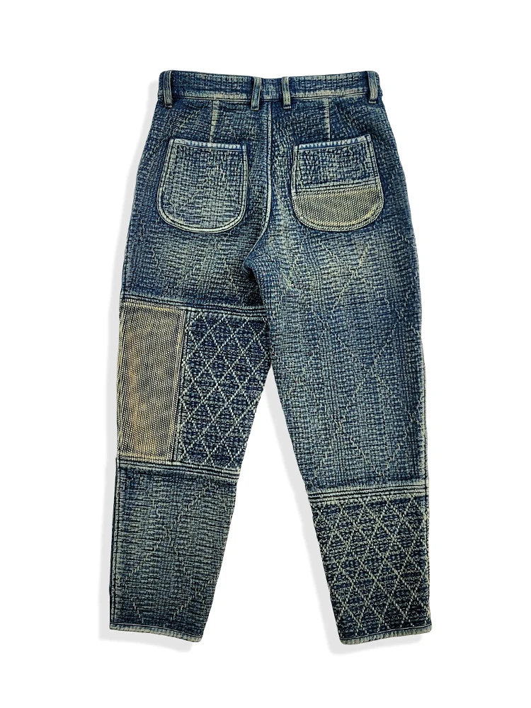 Men\'s Distressed Sashiko Tapered Pants Patchwork Japanese Style Trousers