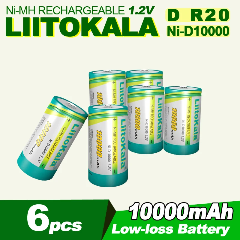 

6PCS LiitoKala Ni-D10000 1.2V D 10000mAh Battery Huge Capacity Ni-MH Rechargeable D Batteries for Gas stoves/Water heater