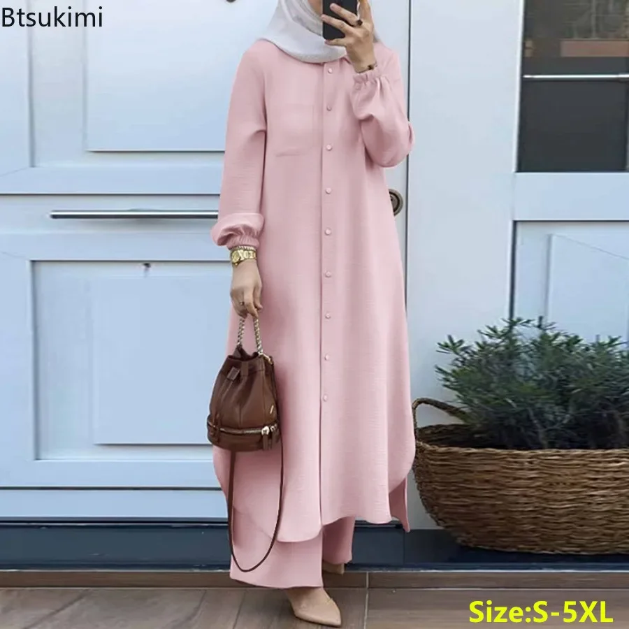 

2025 Casual Muslim Dresses for Women Fashion Long Style Shirt Dress Pants Suit Saudi Arabic Dubai Abaya Robe 2 Piece Sets Femme