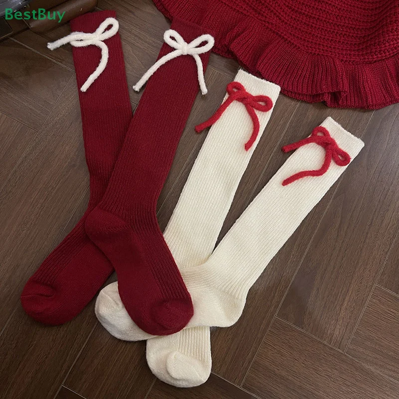 Women Winter New Sweet Cute Christmas Red Cashmere Bow Stockings Y2K Hot Girls Retro Deer Velvet Warmth Mid-tube Pile Socks Gift