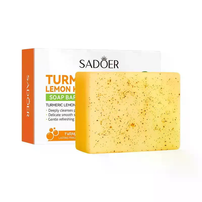 SADOER Lemon Turmeric Brightening Soap Handmade Deeply Cleansing Glowing Body Exfoliating Shower And Face Soap Body Care