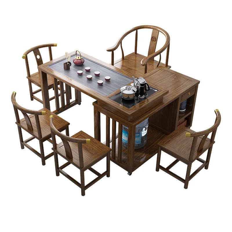 

360 degree rotating tea table and chair combination set movable solid wood multi-functional coffee table casual tea table