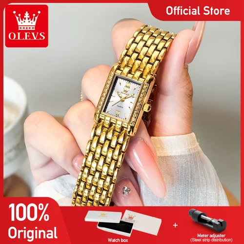 OLEVS 3700 relojes elegantes de moda dorados para mujer, Reloj de cuarzo cuadrado de acero inoxidable, Reloj impermeable para mujer, Reloj Original nuevo