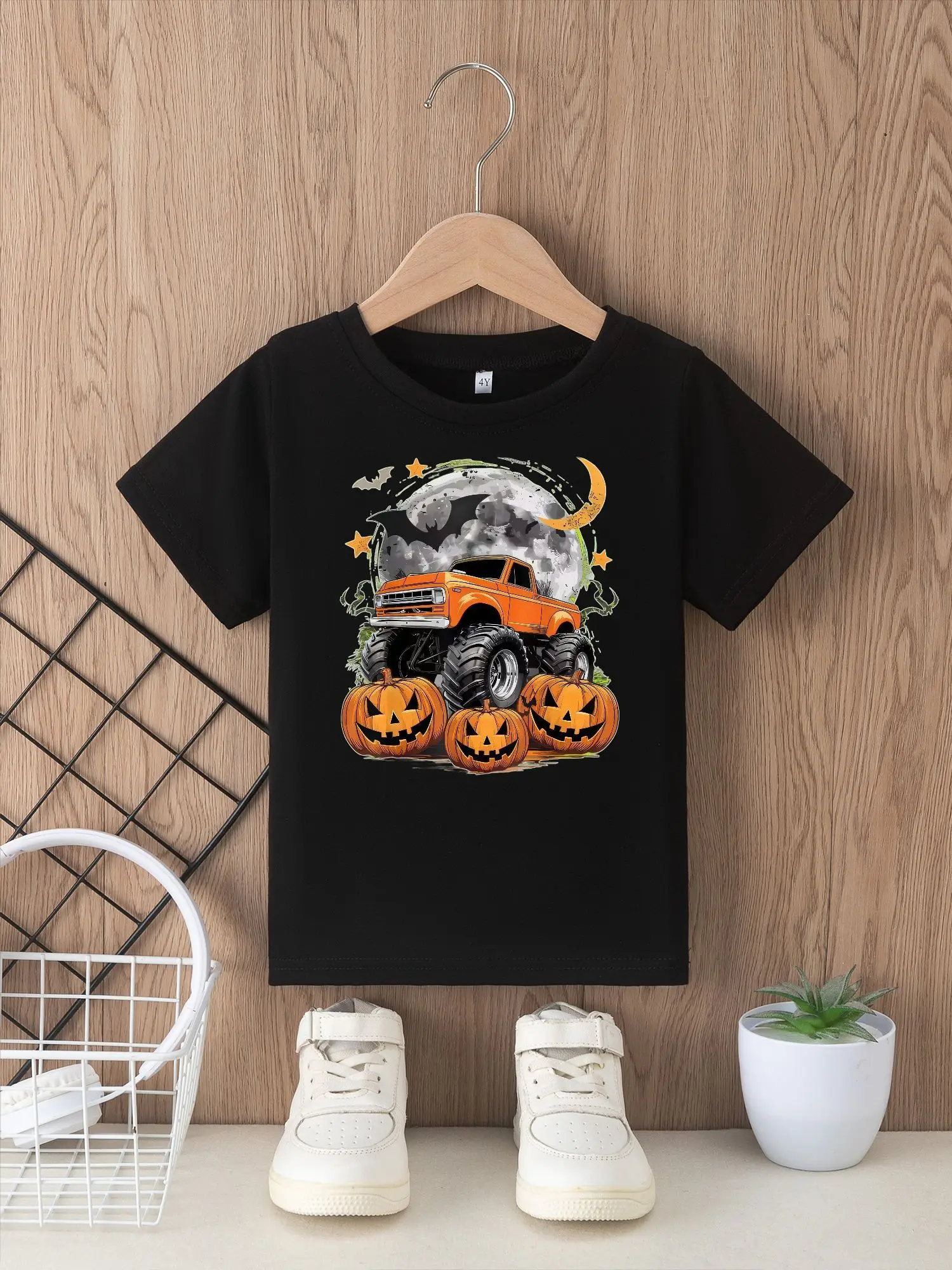 Halloween Costumes Kids T-shirt Boys Summer Short Sleeve Tee Soft Breathable Graphic Top Featuring Cool Monster Truck Orange Pumpkin Moon And Bat Print Fun Holiday Outfit Casual Holiday Apparel
