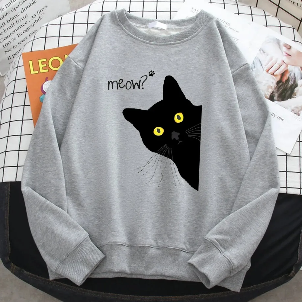 

Winter Harajuku Woman Sweatshirt Meow Black Cat Printing Hoodies Comfortable All-Math Pullover Crewneck Loose Female Clothes