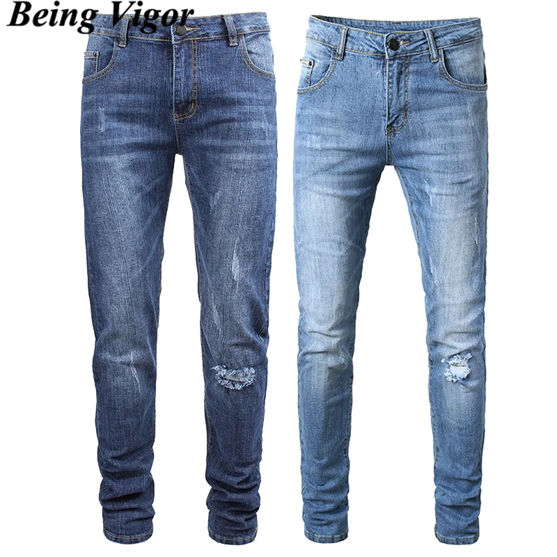 

Being Vigor 75% Cotton Men Jeans Street Slim Fit Stretchy Ripped Hole Denim Jean Pants 42inch Plus Size Leisure Men Trousers