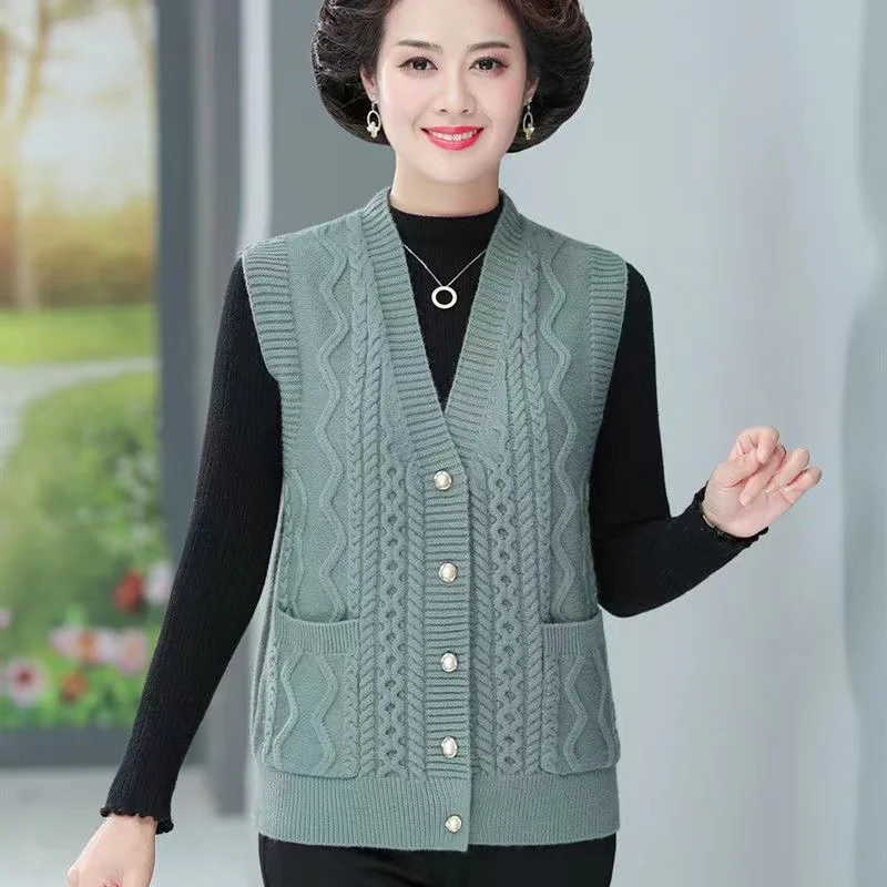 New Middle-Aged Elderly Mother Vest Women Autumn V Neck Knitting Cardigan Tops Casual Sleeveless Solid Color Waistcoat Female