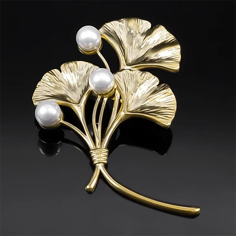 Retro Elegant Ginkgo Leaf Brooches for Women Stainless Steel Gold Color Wedding Party Brooch Pin Accessories Jewelry Gift