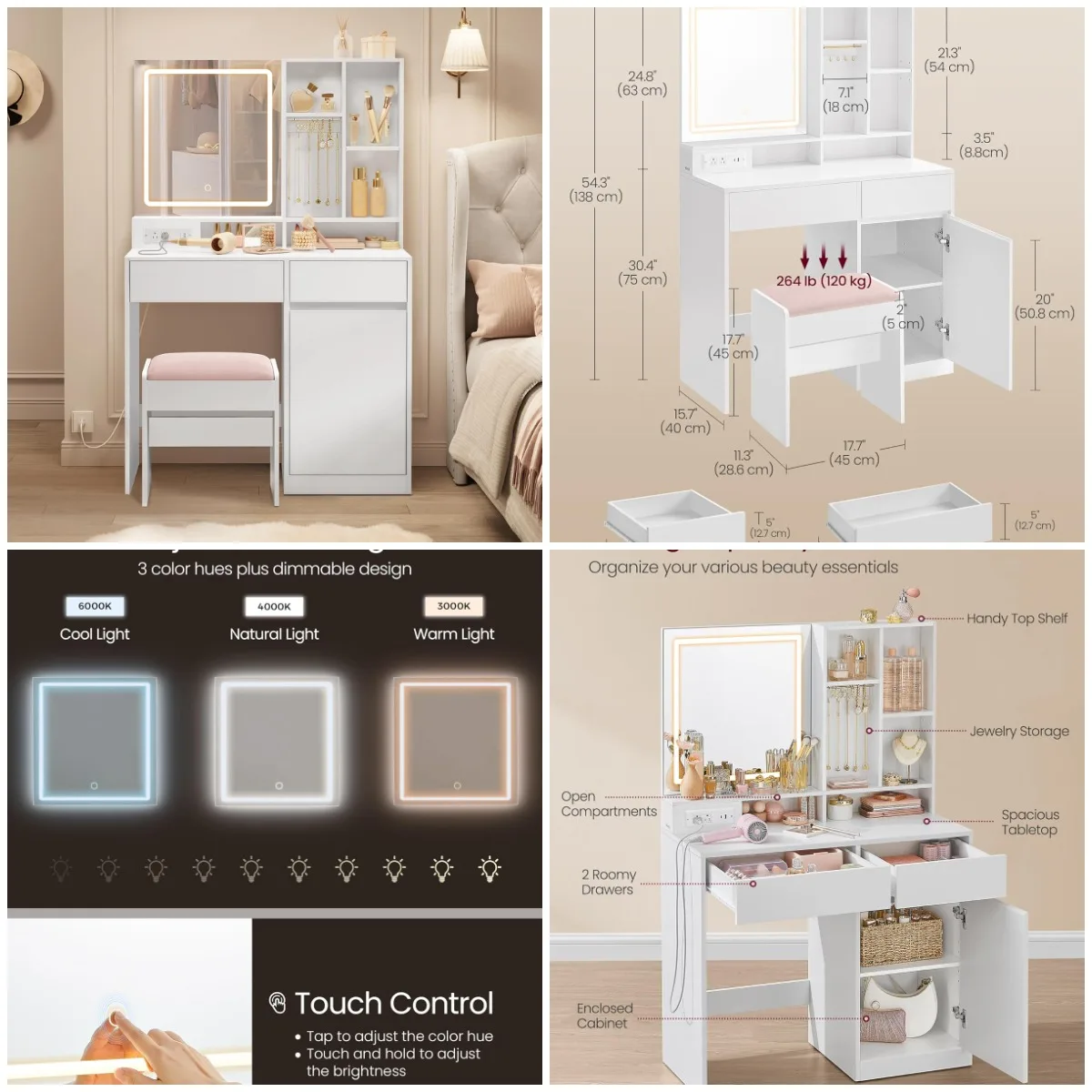 

KAILYN 35.4' Vanity Desk with Mirror, Lights, Outlets, Stool & Storage, Cloud White