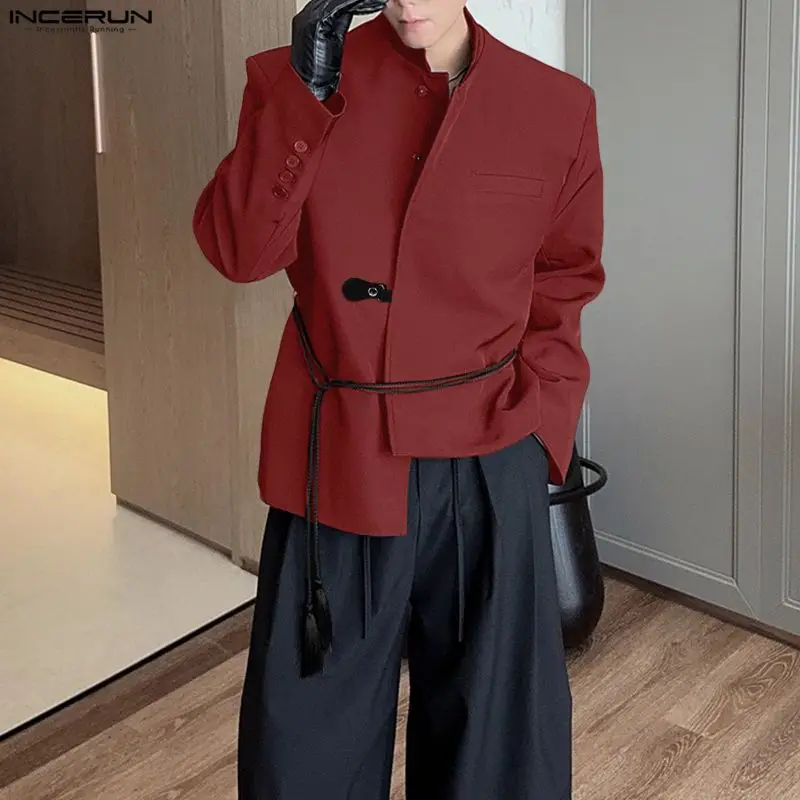 INCERUN Men Blazer Solid Color Stand Collar Long Sleeve One Button Male Suit Streetwear Fashion Casual Irregular Blazer Coats