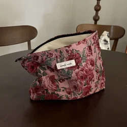 red jacquard women's makeup bag portable large-capacity cosmetics storage bag, travel toiletry bag phone storage case