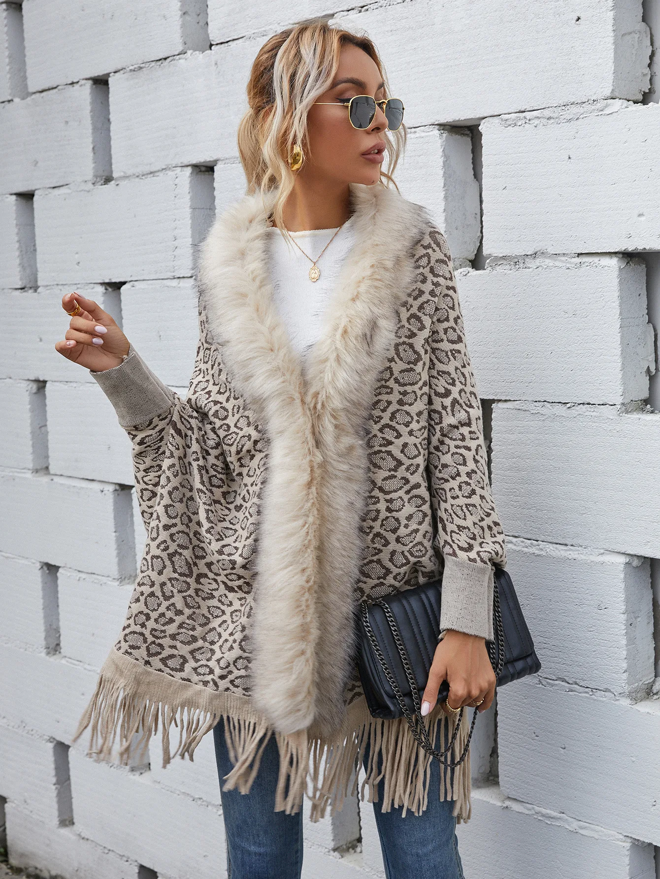 Tassel Faux Fur Loose Cardigan Knit Sweater Women Leopard Jumpers Autumn Winter Maxi Coat Soft Coat Long Knitted Jacket