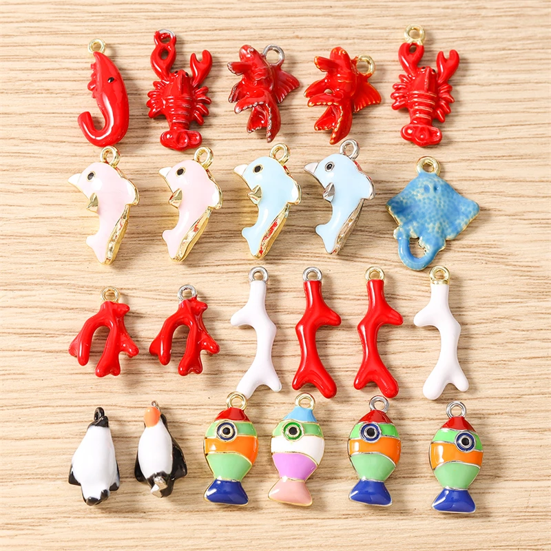 5 Stück niedliche Emaille-Anhänger mit Meereslebewesen, Korallen, Fischen und Hummern für die Schmuckherstellung, Ohrringe, Halsketten, DIY-Bastelzubehör – Detail 1