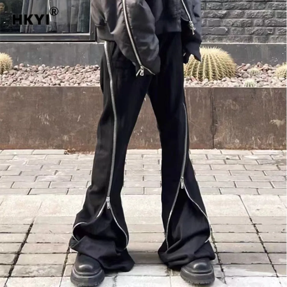 

Свободные повседневные расклешенные джинсовые брюки с прямыми штанинами в стиле HKYI Ro в темном стиле с несколькими молниями