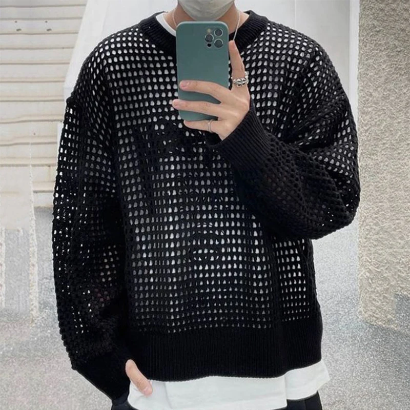 Fall Trend Mens Mesh Knitting Tops Streetwear Fashion Transparent Hollow Out Sweater Men Casual Loose Long Sleeve O Neck Jumper