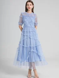 Long Summer Cake Prom Dress Women's Elegant Dot Robe Luxury Ruffles Gauze Mesh Embroidery Edible Tree Fungus Wedding Vestido